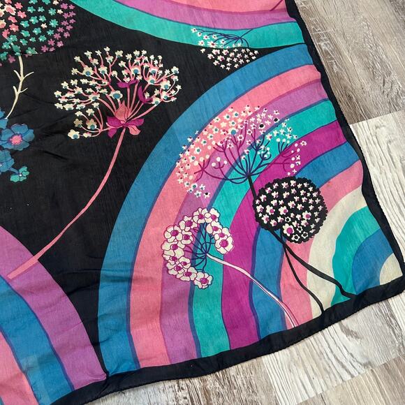 Vintage Milanowek Silk Scarf Black Mod Floral Rainbow Print 70s Square 24x25 - Picture 4 of 9
